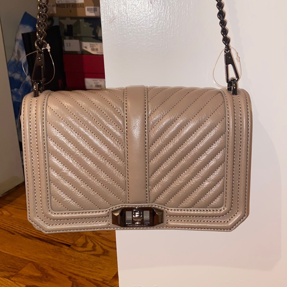 Rebecca Minkoff Chevron Quilted Small Love Crossbody in taupe!